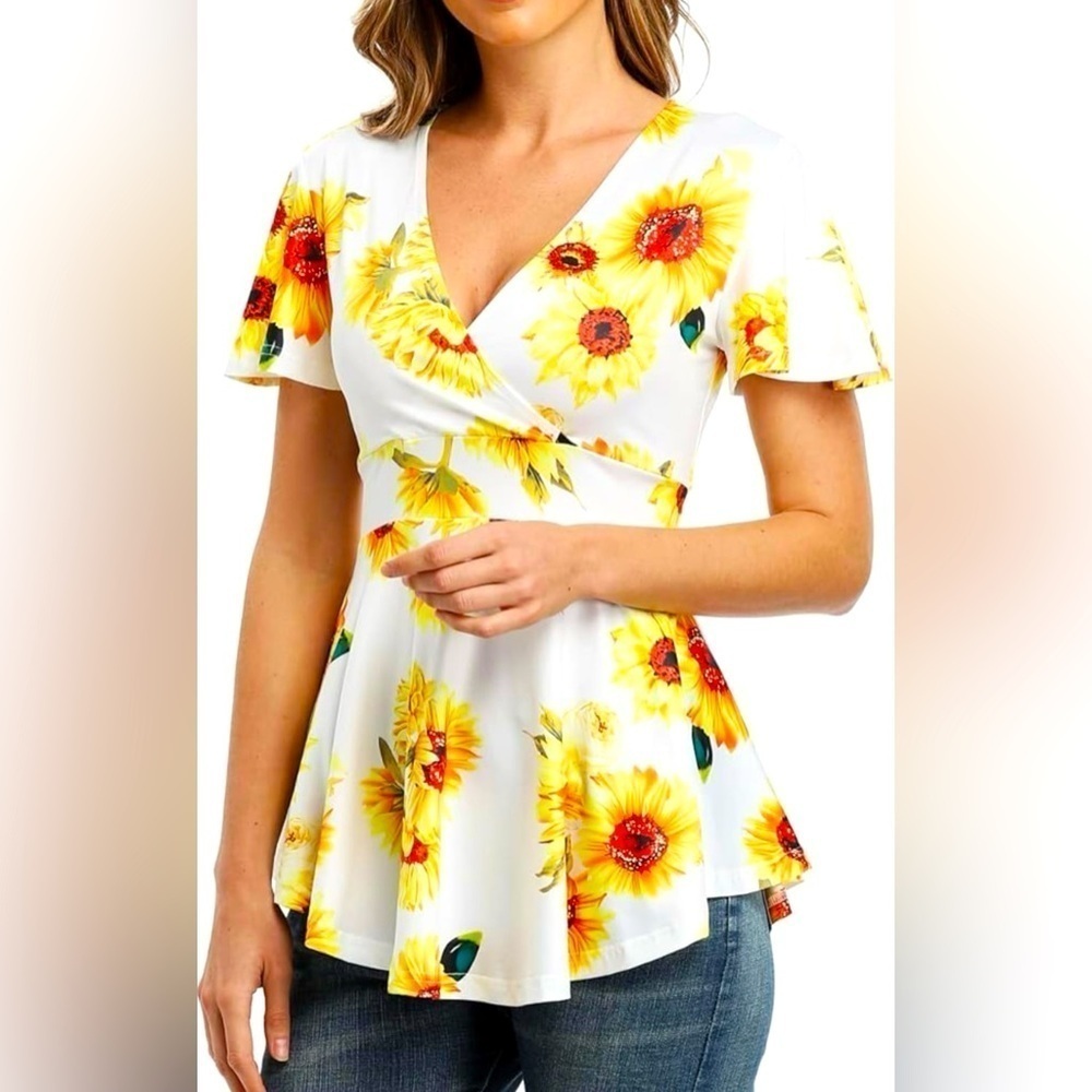 Women’s Empire Waist Flared Deep V Neck Wrap Crossover Top with Sunflowers